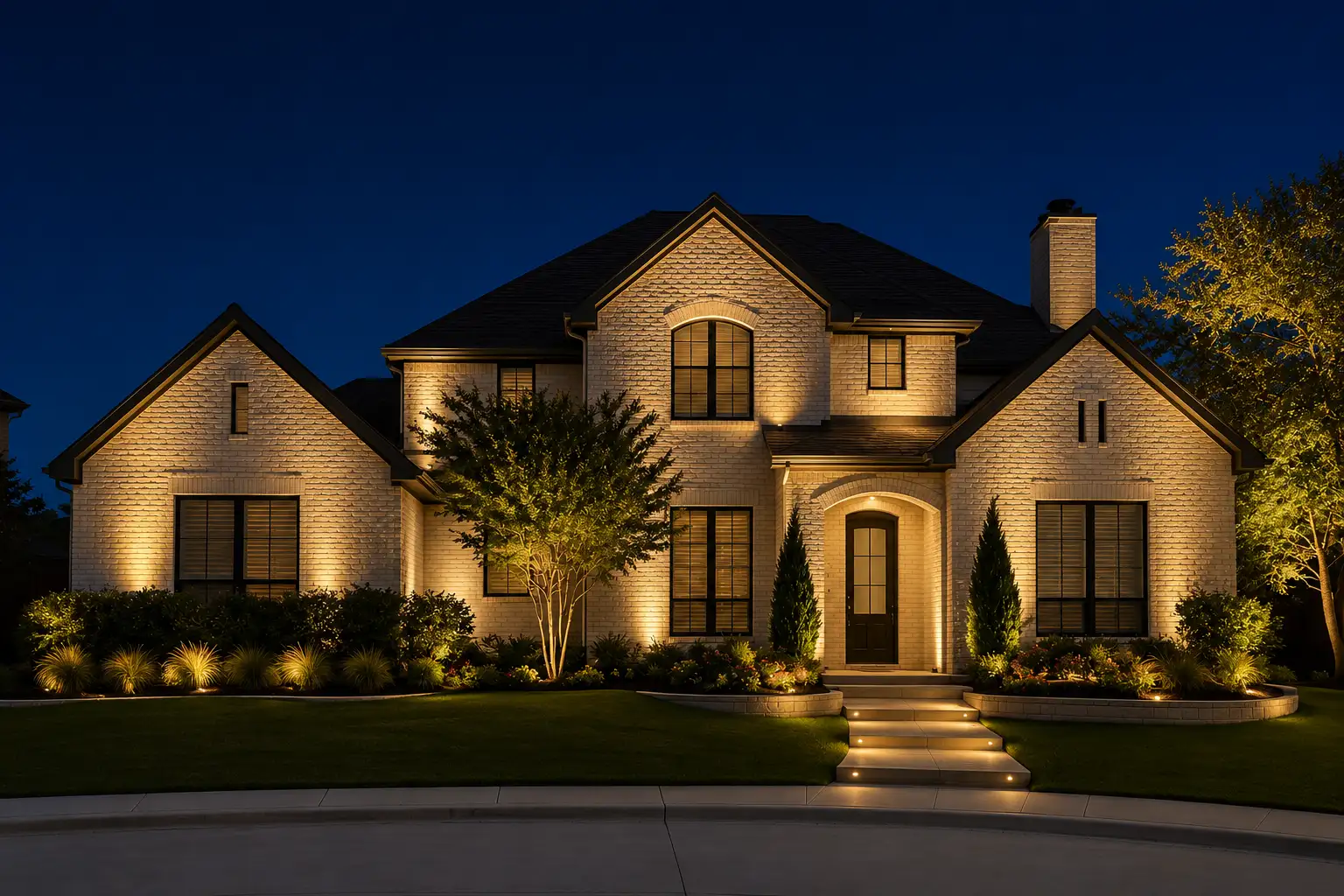 Two-story Fort Worth home illuminated with warm architectural and landscape lighting at night.